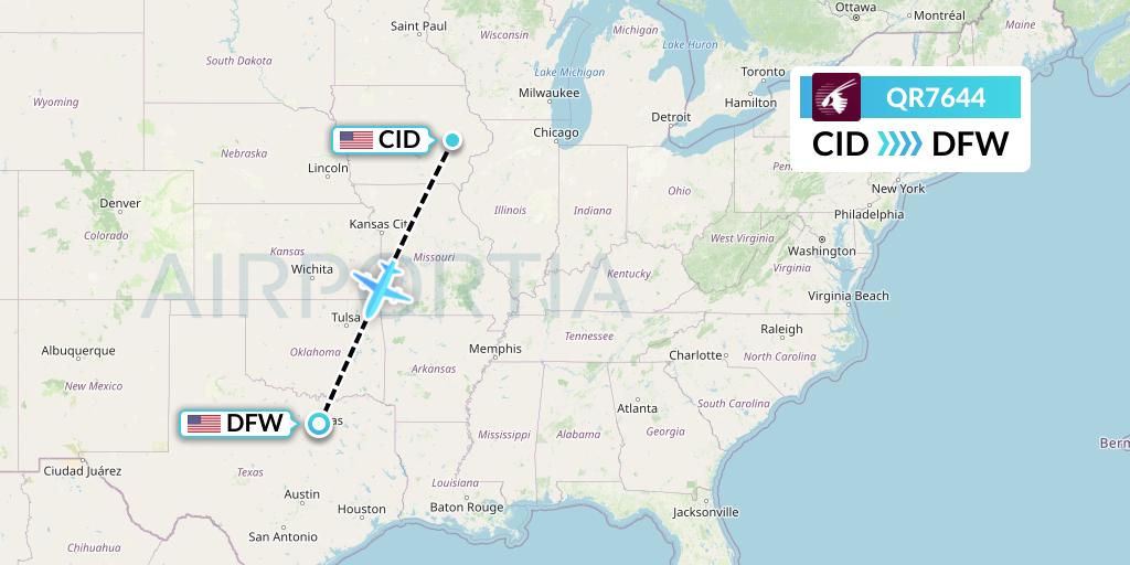 QR7644 Qatar Airways Flight Map: Cedar Rapids to Dallas