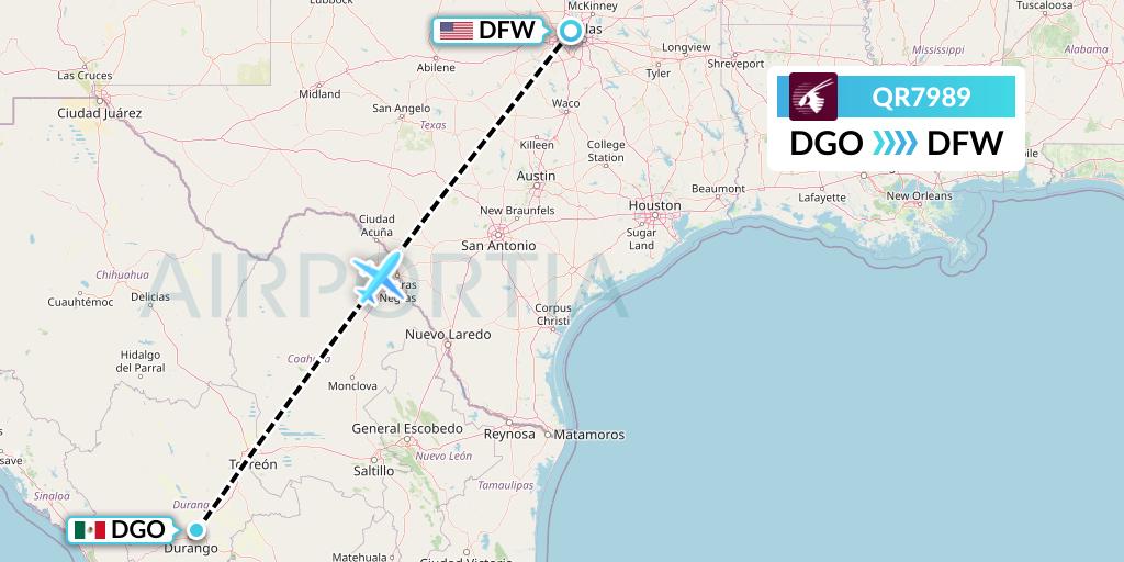 QR7989 Qatar Airways Flight Map: Durango to Dallas