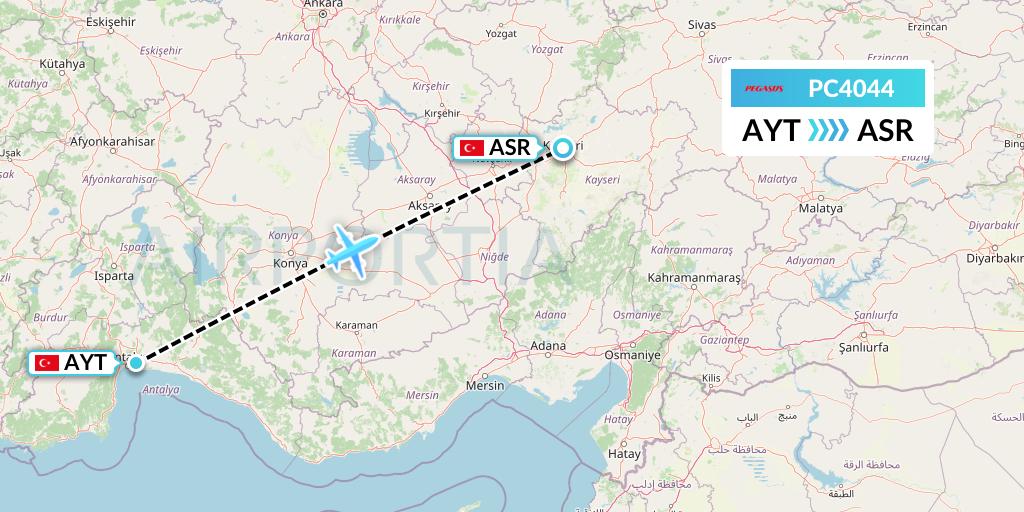 PC4044 Pegasus Airlines Flight Map: Antalya to Kayseri