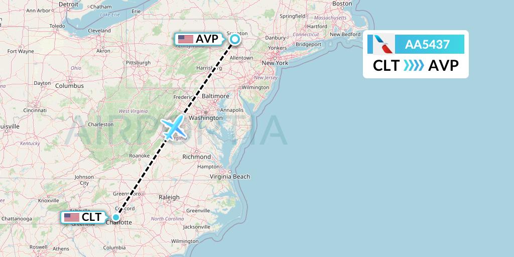 AA5437 American Airlines Flight Map: Charlotte to Avoca