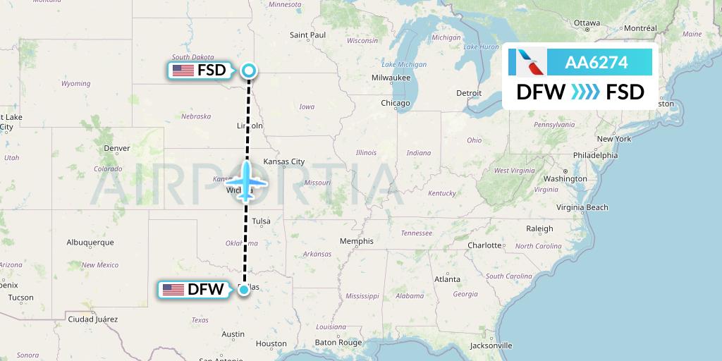 AA6274 American Airlines Flight Map: Dallas to Sioux Falls