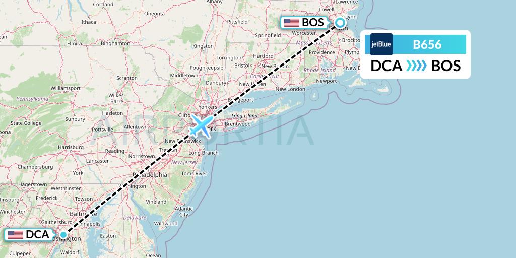 B656 JetBlue Airways Flight Map: Washington to Boston