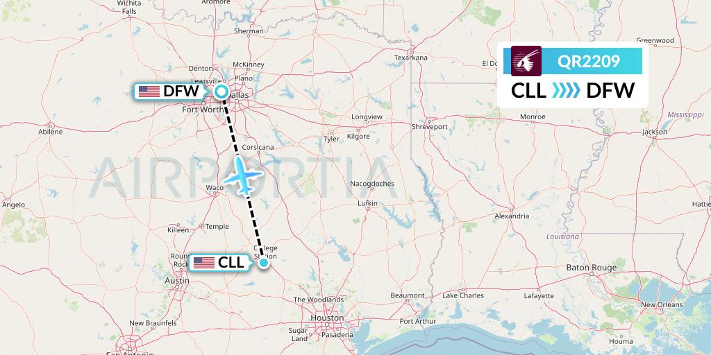 QR2209 Qatar Airways Flight Map: College Station to Dallas