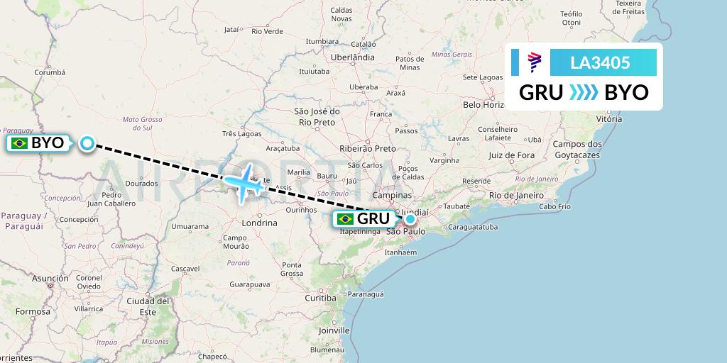 LA3405 LAN Airlines Flight Map: Sao Paulo to Bonito