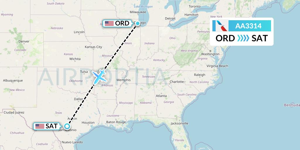 AA3314 American Airlines Flight Map: Chicago to San Antonio