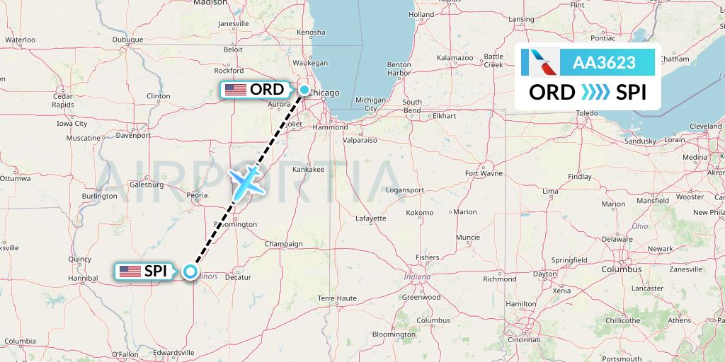 AA3623 American Airlines Flight Map: Chicago to Springfield