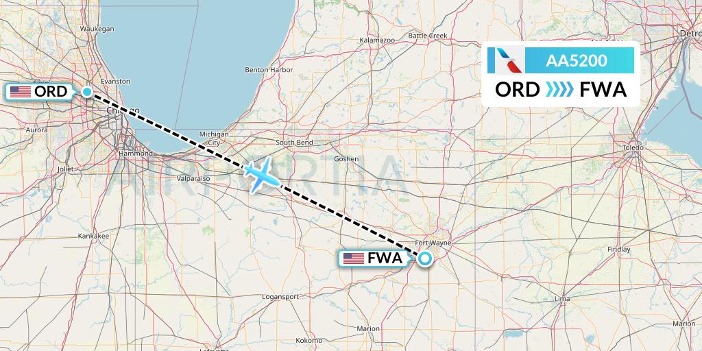 AA5200 American Airlines Flight Map: Chicago to Fort Wayne