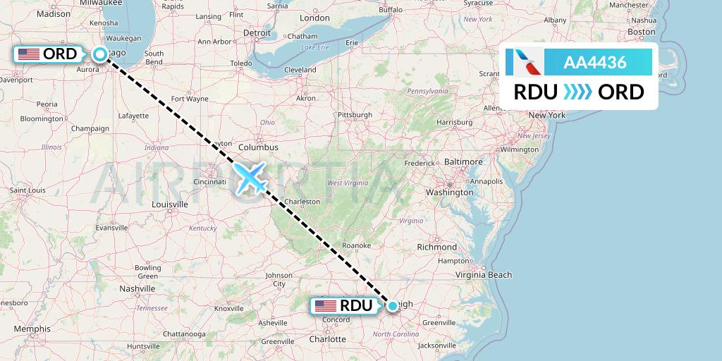 AA4436 American Airlines Flight Map: Raleigh-Durham to Chicago