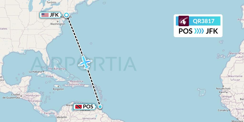 QR3817 Qatar Airways Flight Map: Port of Spain to New York