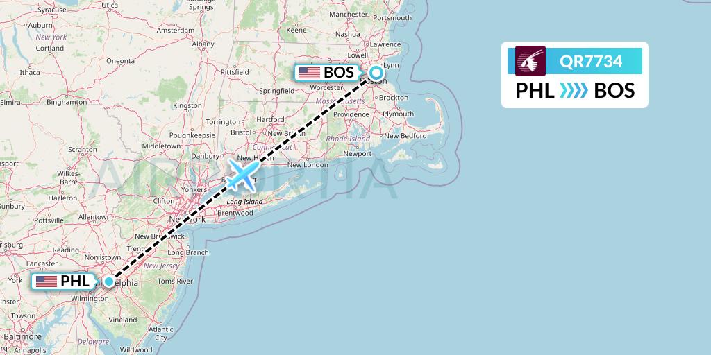 QR7734 Qatar Airways Flight Map: Philadelphia to Boston