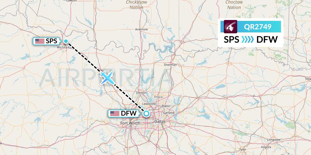 QR2749 Qatar Airways Flight Map: Wichita Falls to Dallas