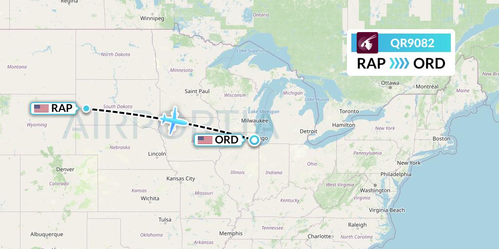 QR9082 Qatar Airways Flight Map: Rapid City to Chicago