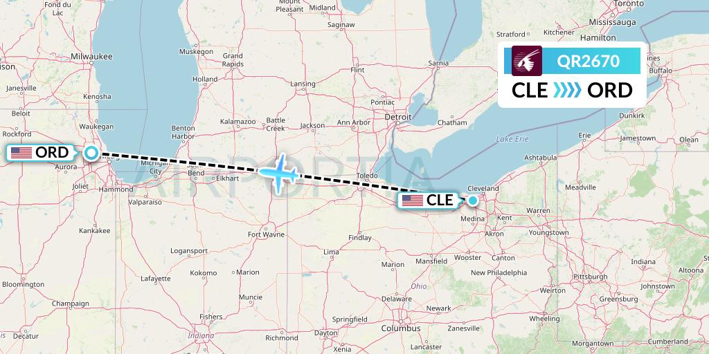 QR2670 Qatar Airways Flight Map: Cleveland to Chicago