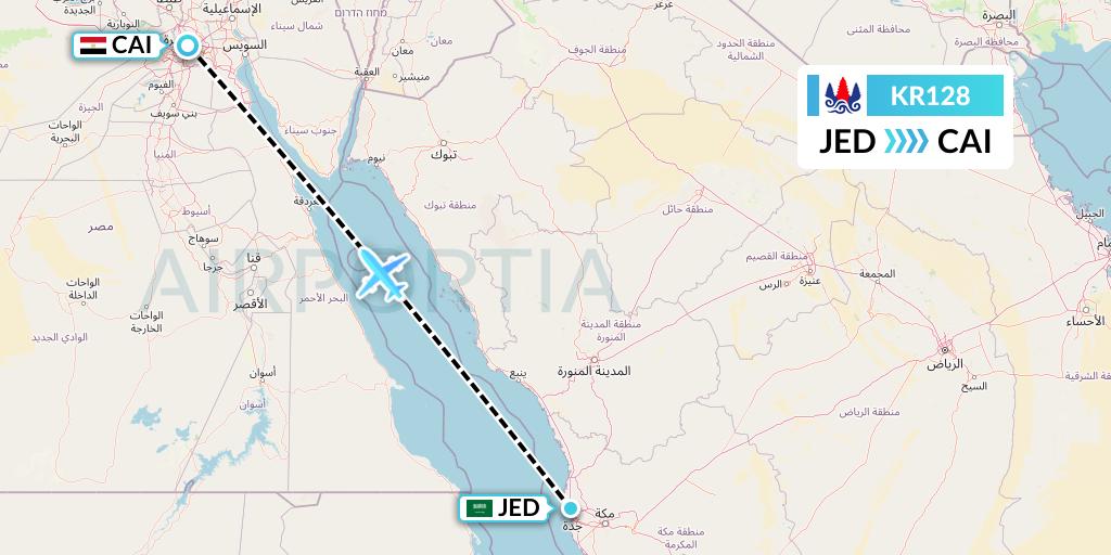 KR128 Cambodia Airways Flight Map: Jeddah to Cairo