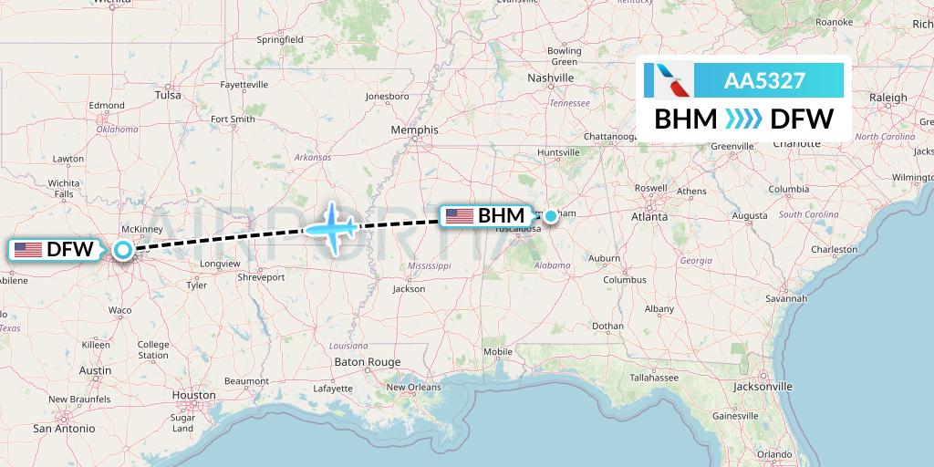 AA5327 American Airlines Flight Map: Birmingham to Dallas