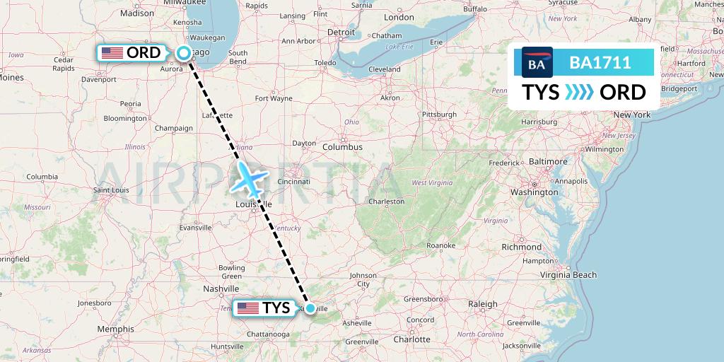 BA1711 British Airways Flight Map: Knoxville to Chicago
