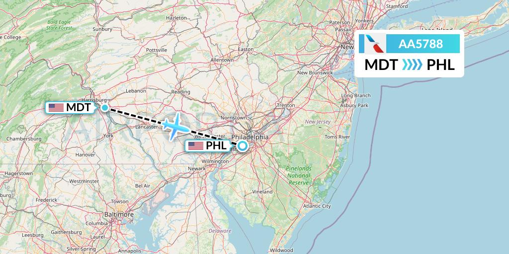 AA5788 American Airlines Flight Map: Harrisburg to Philadelphia