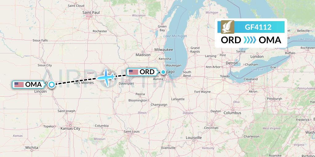 GF4112 Gulf Air Flight Map: Chicago to Omaha