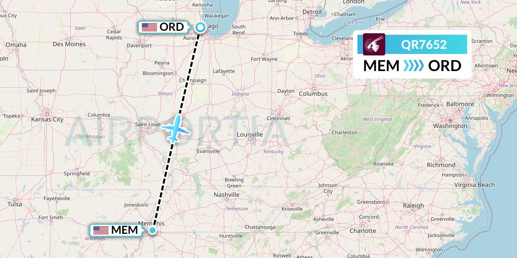 QR7652 Qatar Airways Flight Map: Memphis to Chicago