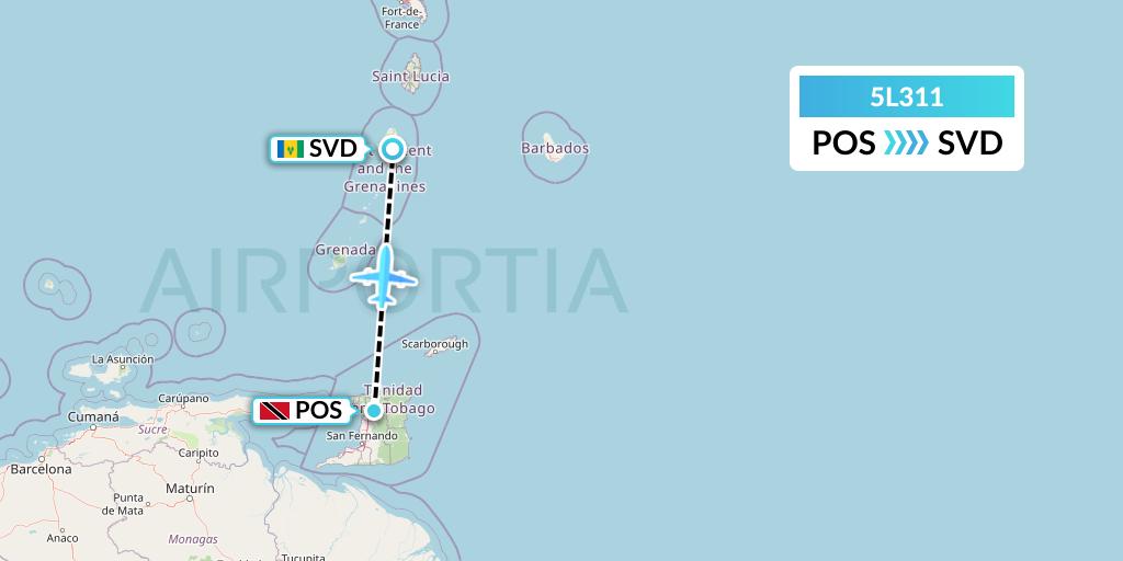 5L311 Fly Salone Airlines Limited Flight Map: Port of Spain to Kingstown