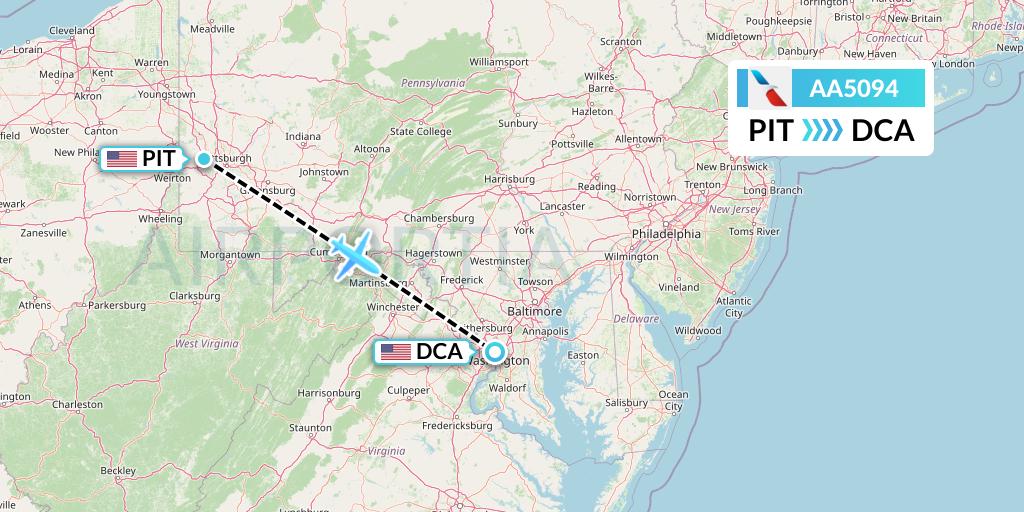 AA5094 American Airlines Flight Map: Pittsburgh to Washington