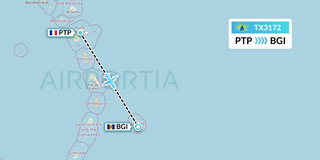 TX3172 Air Caraibes Flight Map: Pointe-a-Pitre to Bridgetown