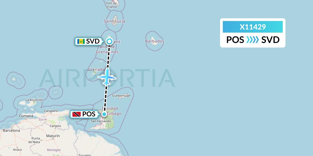 X11429 Nik Airways Flight Map: Port of Spain to Kingstown