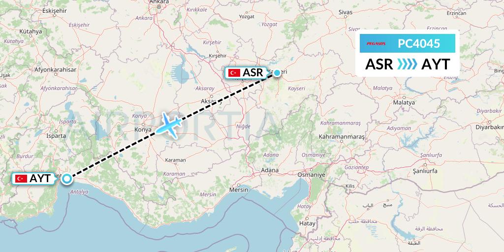PC4045 Pegasus Airlines Flight Map: Kayseri to Antalya