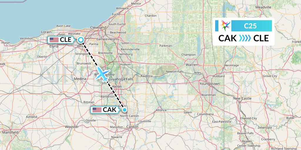 C25 Ceiba Intercontinental Flight Map: Akron to Cleveland