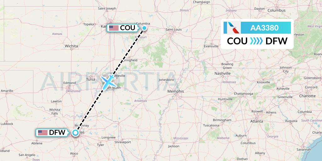 AA3380 American Airlines Flight Map: Columbia to Dallas