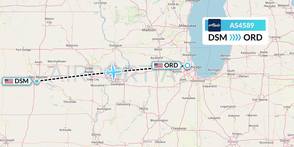 AS4589 Alaska Airlines Flight Map: Des Moines to Chicago