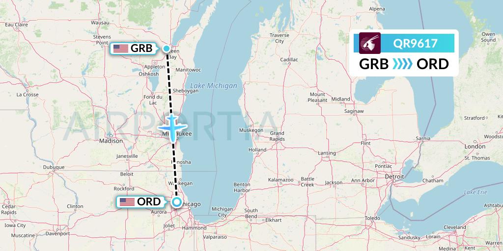 QR9617 Qatar Airways Flight Map: Green Bay to Chicago