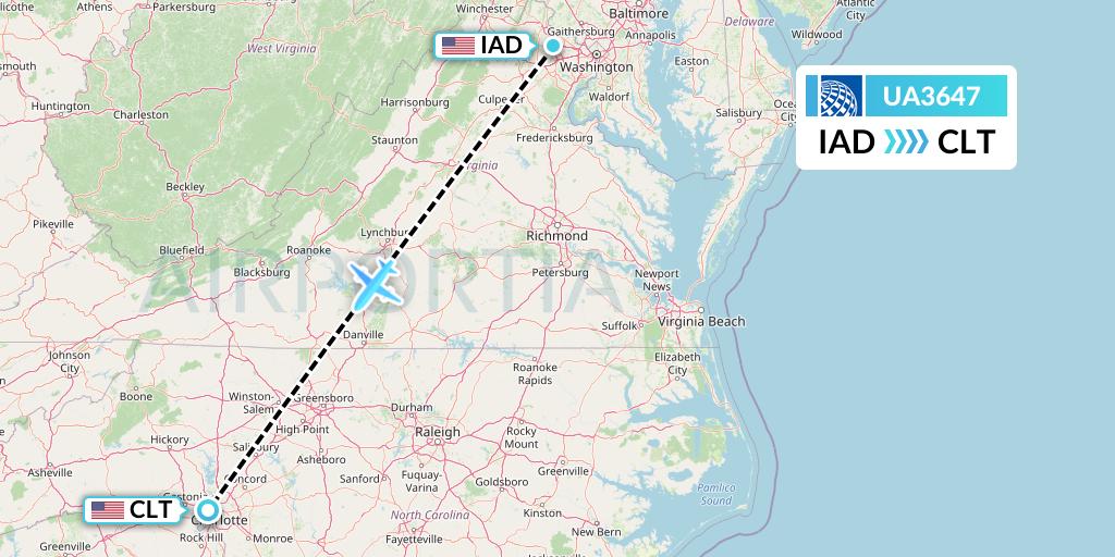 UA3647 United Airlines Flight Map: Washington to Charlotte
