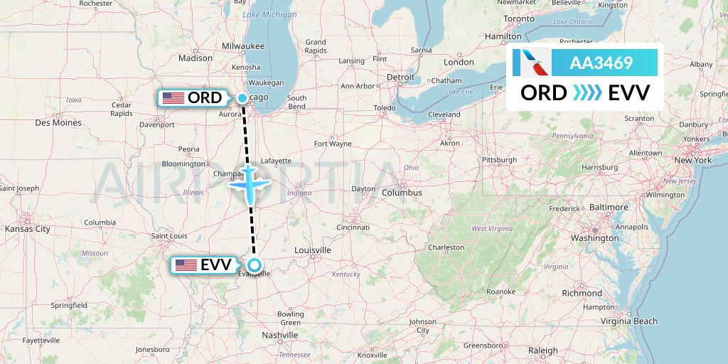 AA3469 American Airlines Flight Map: Chicago to Evansville