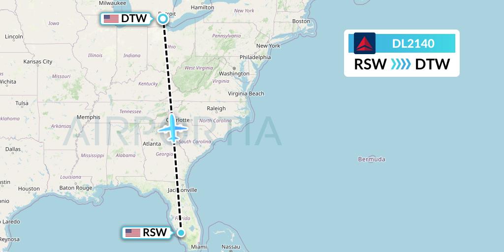 DL2140 Delta Air Lines Flight Map: Fort Myers to Detroit