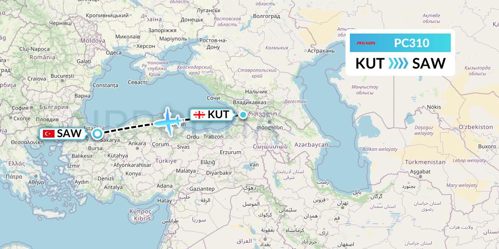 PC310 Pegasus Airlines Flight Map: Kutaisi to Istanbul