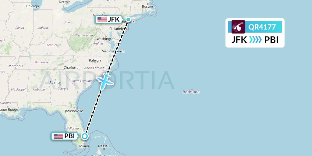 QR4177 Qatar Airways Flight Map: New York to West Palm Beach