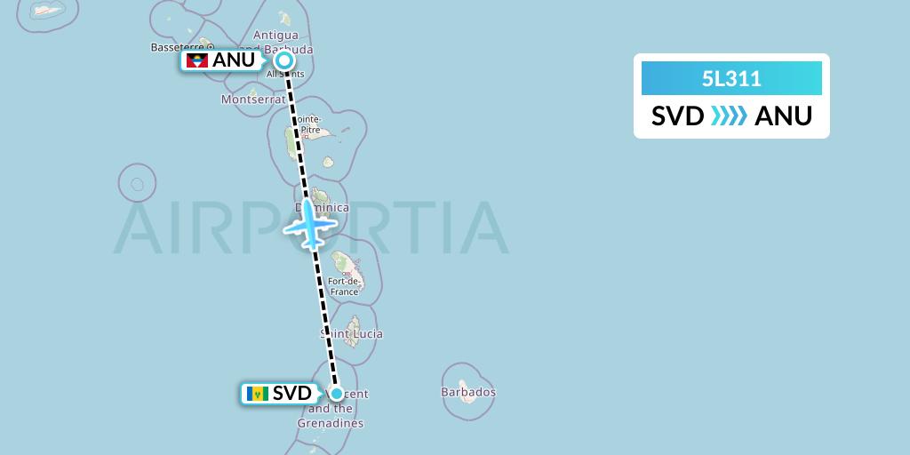 5L311 Fly Salone Airlines Limited Flight Map: Kingstown to Antigua