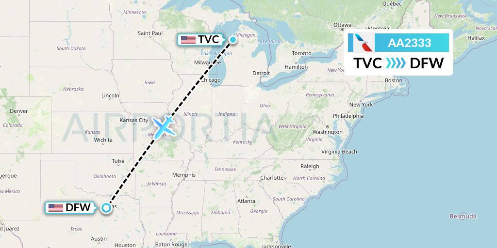 AA2333 American Airlines Flight Map: Traverse City to Dallas