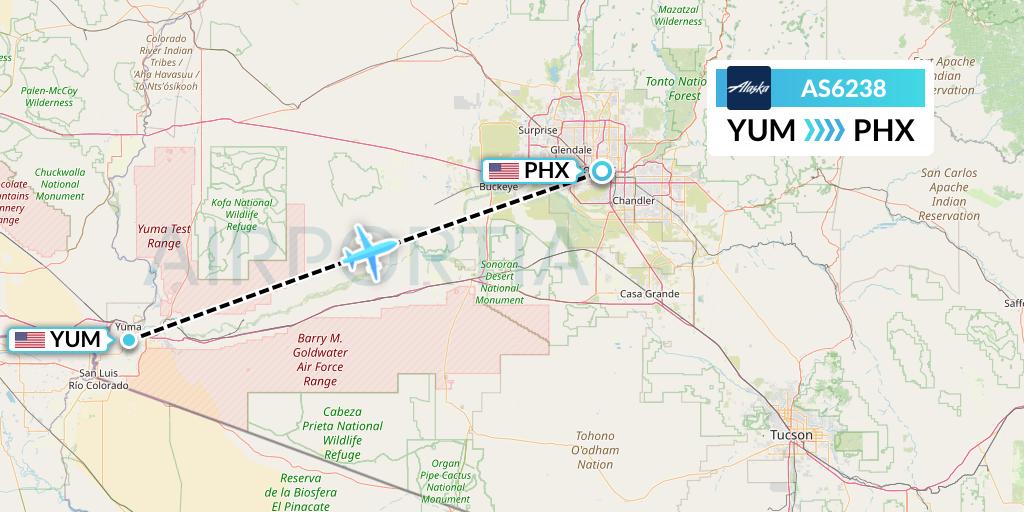 AS6238 Alaska Airlines Flight Map: Yuma to Phoenix