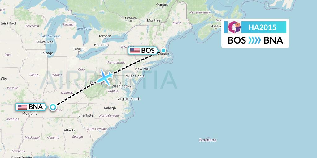 HA2015 Hawaiian Airlines Flight Map: Boston to Nashville