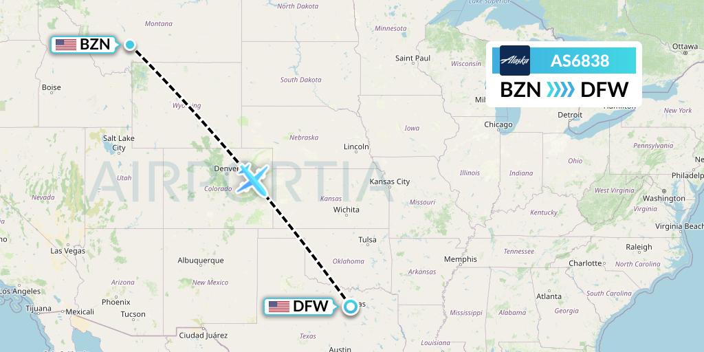 AS6838 Alaska Airlines Flight Map: Bozeman to Dallas