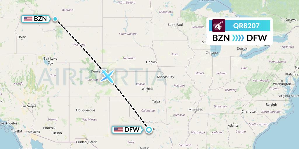 QR8207 Qatar Airways Flight Map: Bozeman to Dallas