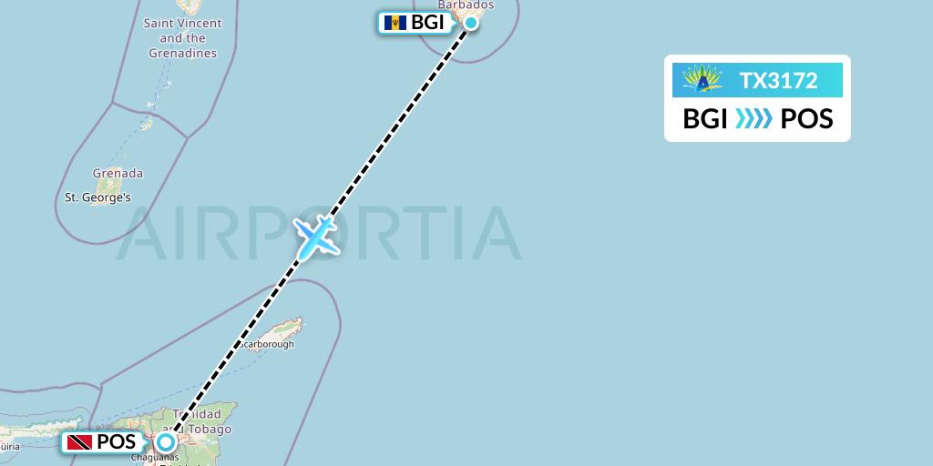 TX3172 Air Caraibes Flight Map: Bridgetown to Port of Spain