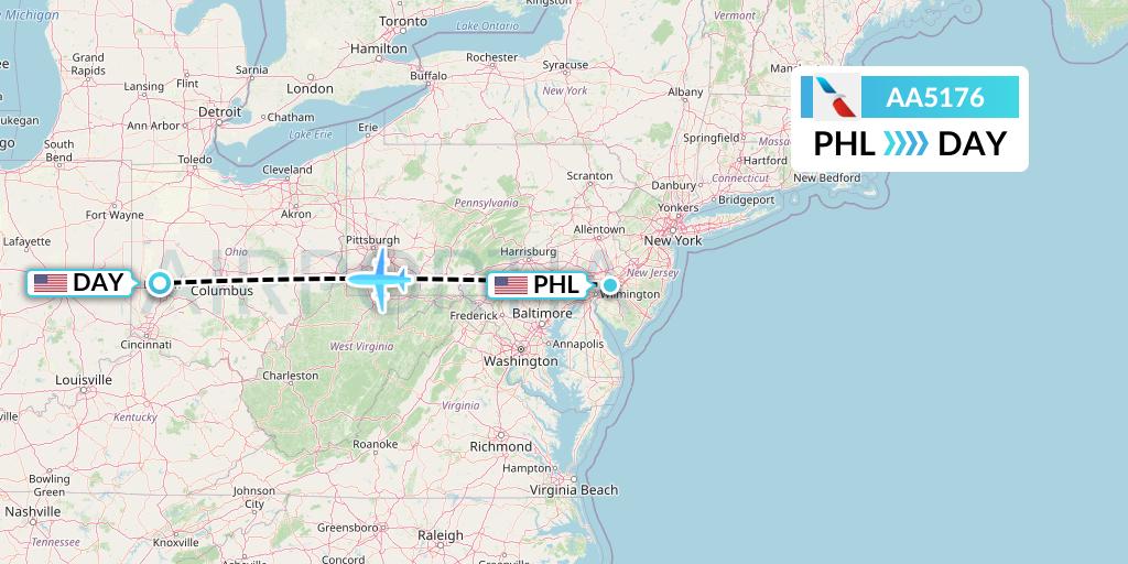 AA5176 American Airlines Flight Map: Philadelphia to Dayton