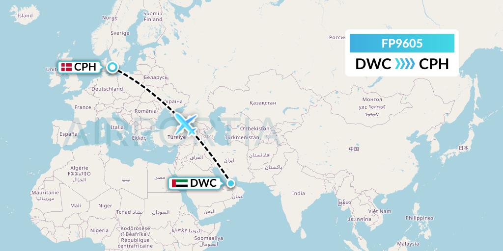 FP9605 FlyPelican Flight Map: Dubai to Copenhagen