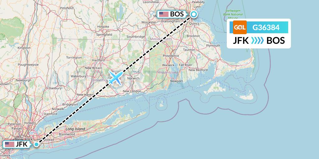G36384 GOL Transportes Aeros Flight Map: New York to Boston