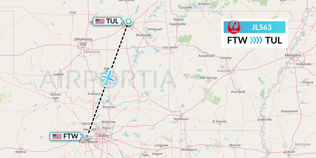 JL563 Japan Airlines Flight Map: Fort Worth to Tulsa