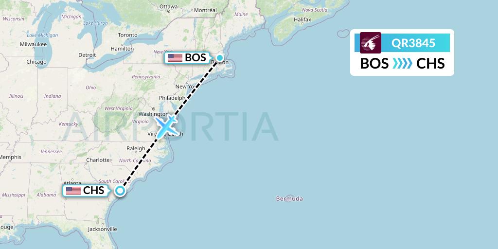 QR3845 Qatar Airways Flight Map: Boston to Charleston