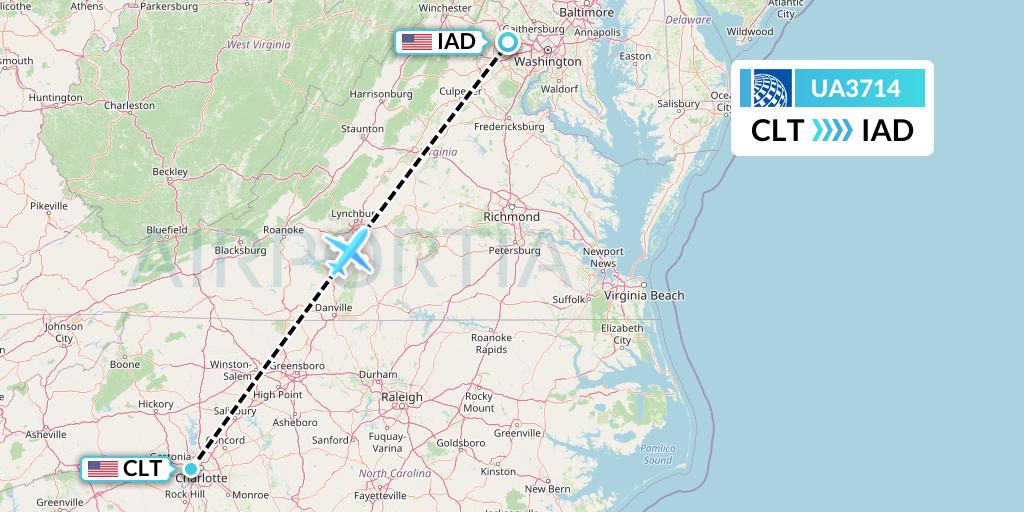 UA3714 United Airlines Flight Map: Charlotte to Washington
